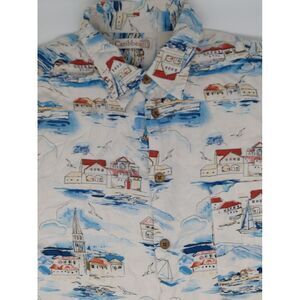 Mens Large Nautical Sailboat Hawaiian Carribean Button Up Silk blend Shirt‎